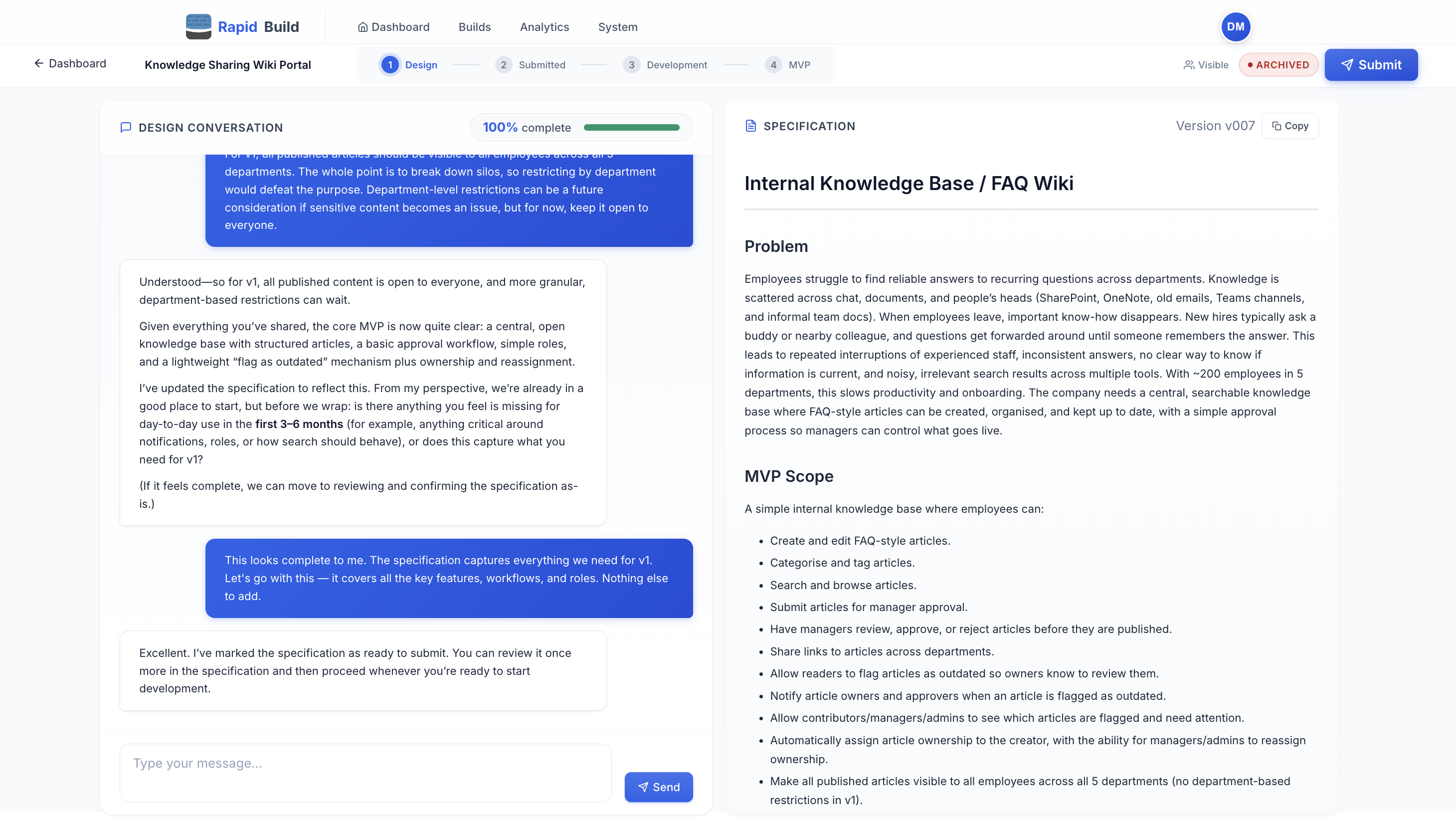 Rapid Build AI Designer — describe your business problem and get a complete software specification through an interactive chat